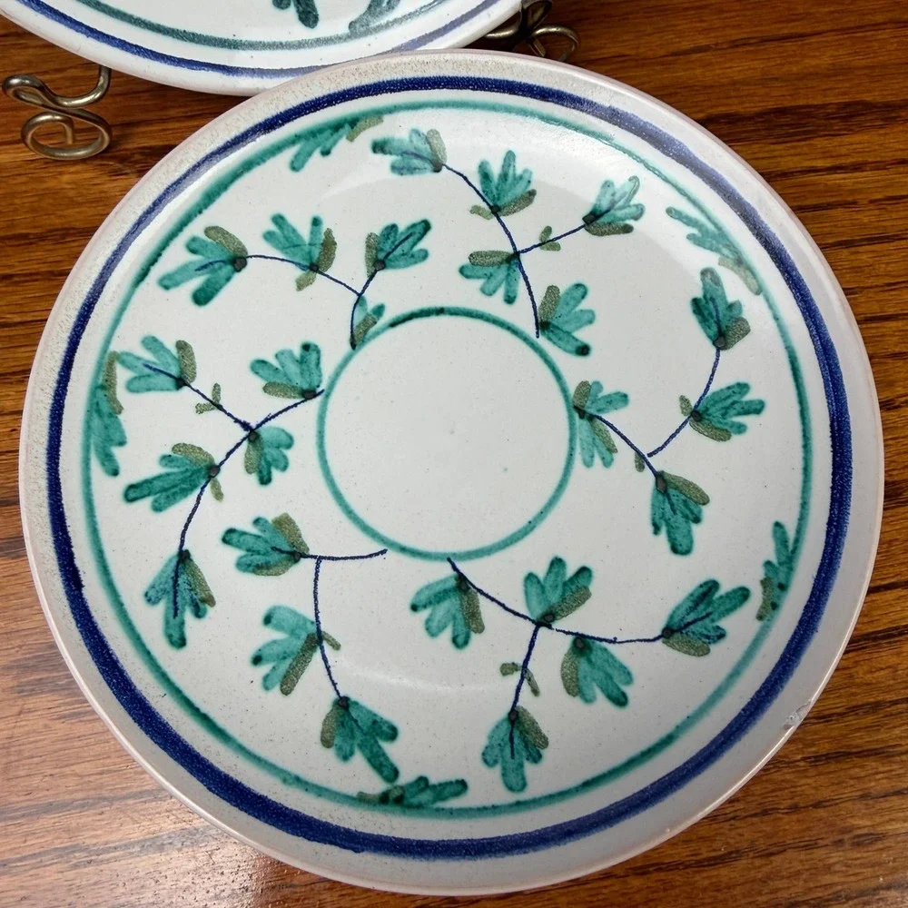 Laurine Plate Set Hand Painted Stoneware Signed Blue Green 7.75